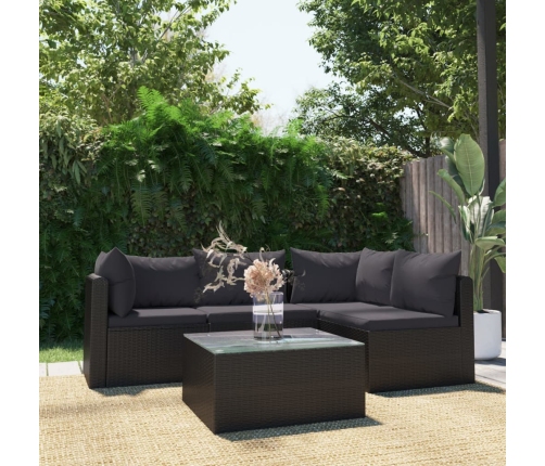 Set muebles de jardín 5 piezas y cojines ratán sintético negro