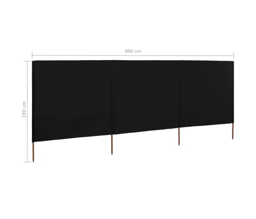 Paravientos de playa de 3 paneles tela negro 400x160 cm