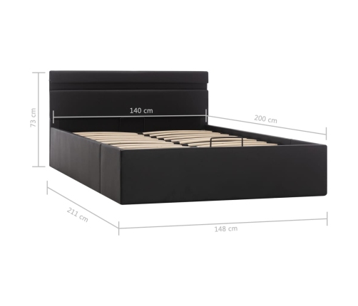 Cama canapé hidráulica con LED cuero sintético negra 140x200 cm