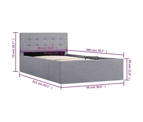 vidaXL Cama hidráulica con almacenaje y LED tela gris claro 90x200 cm