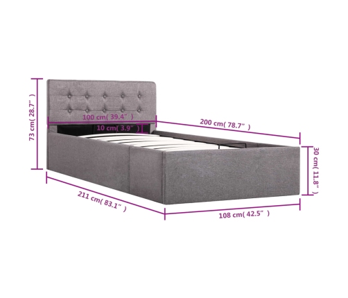 vidaXL Cama canapé hidraúlica con almacenaje tela taupe 100x200 cm