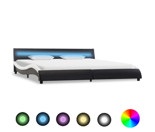 Estructura cama con LED cuero sintético negro blanco 180x200 cm