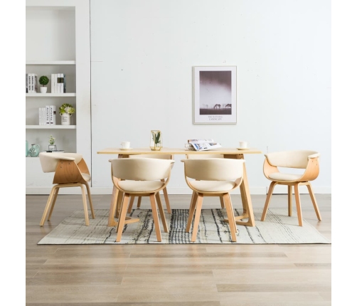 Sillas de comedor 6 uds madera curvada y cuero sintético crema