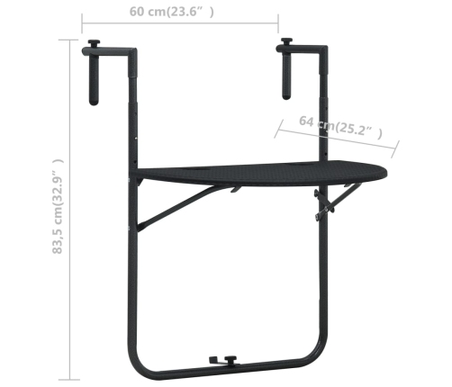 Mesa balcón colgante plástico aspecto ratán negro 60x64x83,5 cm