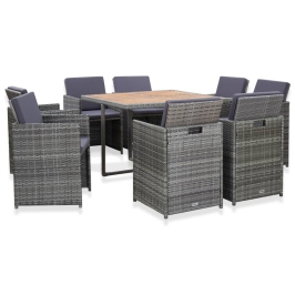 Set comedor de jardín 9 piezas y cojines ratán sintético gris