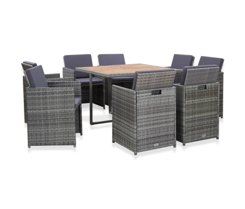 Set comedor de jardín 9 piezas y cojines ratán sintético gris