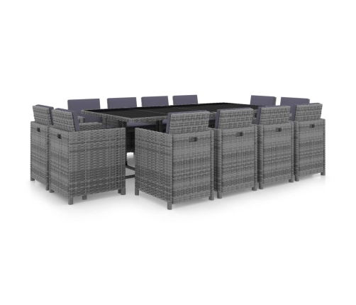 Set comedor de jardín 13 piezas y cojines ratán sintético gris