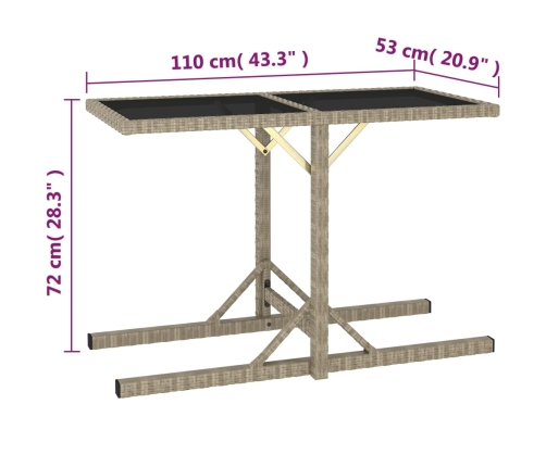 Mesa de jardín de vidrio y ratán sintético beige 110x53x72 cm