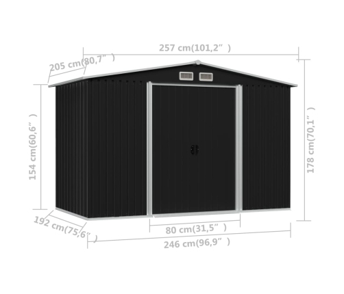 Caseta de jardín de acero gris antracita 257x205x178 cm