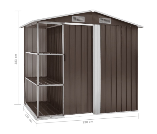 Cobertizo de jardín con estantería hierro marrón 205x130x183 cm