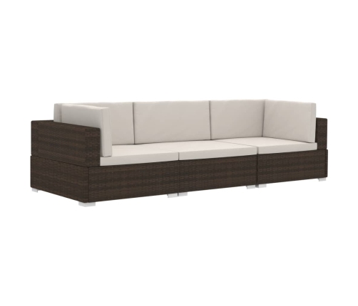 Set sofás de jardín 3 piezas y cojines ratán sintético marrón