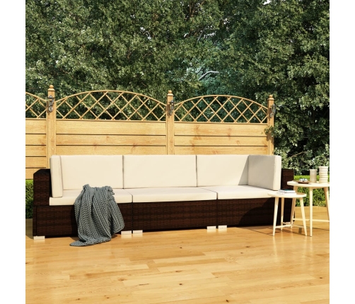 Set sofás de jardín 3 piezas y cojines ratán sintético marrón