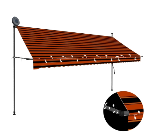 Toldo manual retráctil con LED naranja y marrón 350 cm