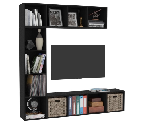 Mueble de TV y librería 3 piezas negro 180x30x180 cm