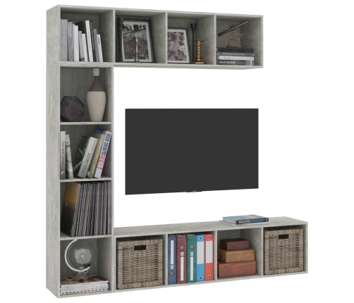 vidaXL Mueble de TV y librería 3 piezas gris hormigón 180x30x180 cm