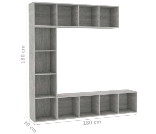 vidaXL Mueble de TV y librería 3 piezas gris hormigón 180x30x180 cm