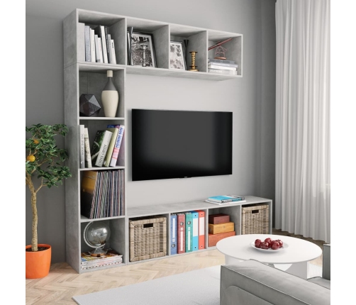 vidaXL Mueble de TV y librería 3 piezas gris hormigón 180x30x180 cm