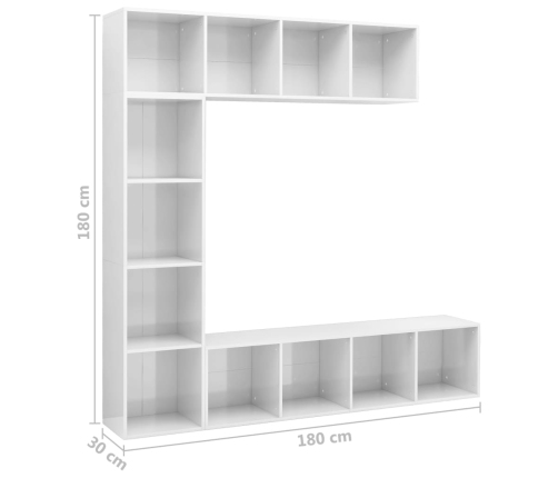 vidaXL Mueble de TV y librería 3 piezas blanco brillo 180x30x180 cm