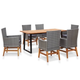 Set comedor jardín 7 pzas ratán sintético y madera acacia gris