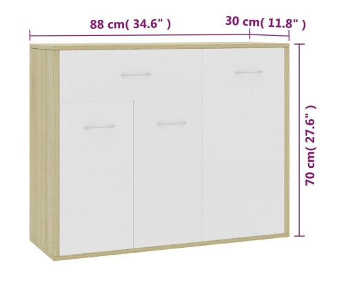 Aparador madera contrachapada blanco y roble Sonoma 88x30x70 cm