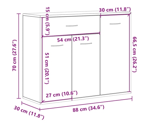 Aparador de madera contrachapada blanco brillante 88x30x70 cm