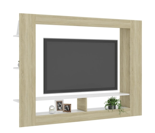 vidaXL Mueble de TV madera contrachapada blanco y roble 152x22x113cm