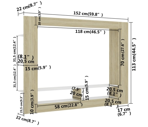 vidaXL Mueble de TV madera contrachapada blanco y roble 152x22x113cm