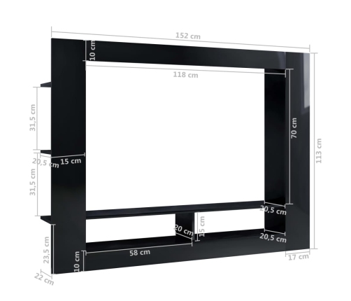 Mueble de TV madera contrachapada negro brillante 152x22x113 cm