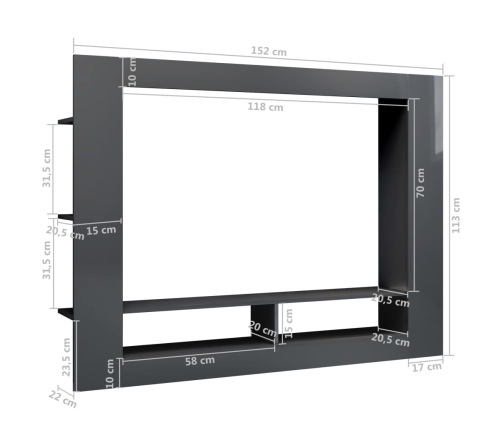 Mueble de TV madera contrachapada gris brillante 152x22x113 cm