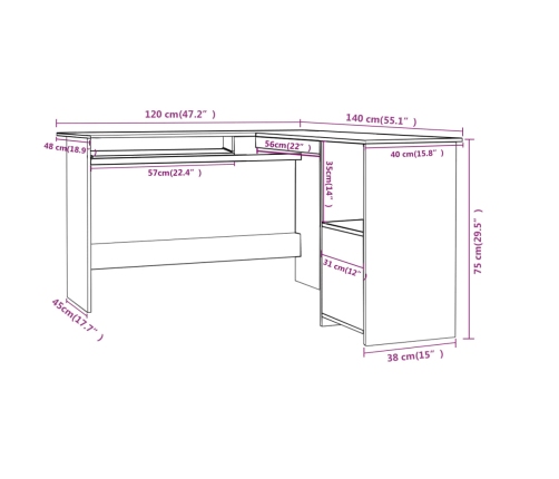 Escritorio forma de L madera contrachapada blanco 120x140x75 cm