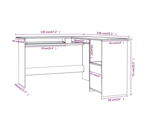 Escritorio forma de L madera contrachapada gris 120x140x75 cm