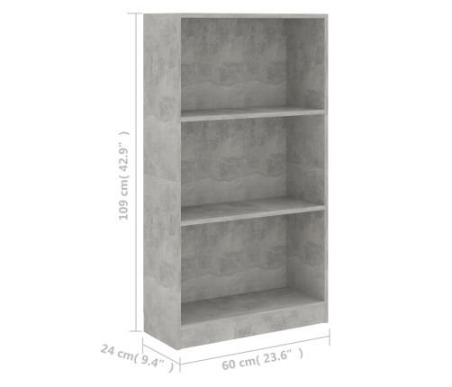 Estantería de 3 niveles contrachapada gris hormigón 60x24x109cm