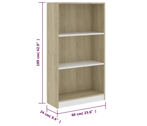 Estantería 3 niveles contrachapada blanca y Sonoma 60x24x109cm