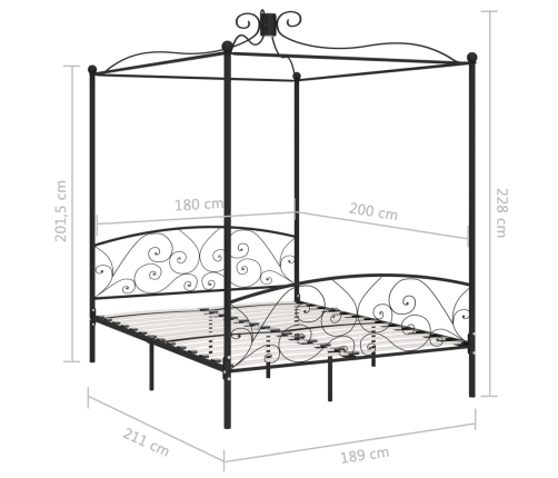 vidaXL Estructura de cama con dosel metal negro 180x200 cm