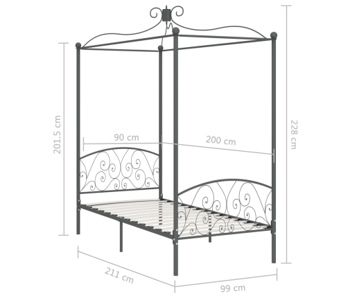 Estructura cama con dosel sin colchón metal gris 90x200 cm