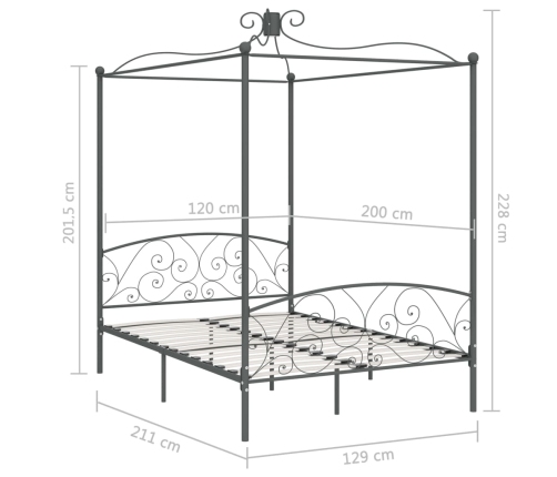 Estructura cama con dosel sin colchón metal gris 120x200 cm