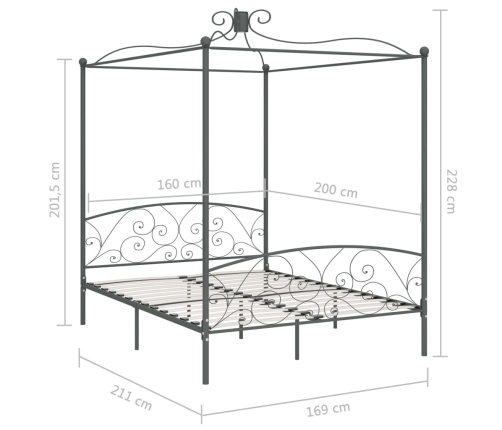 Estructura de cama con dosel metal gris 160x200 cm