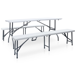 Mesa de jardín plegable con 2 bancos acero y HDPE blanco 180 cm