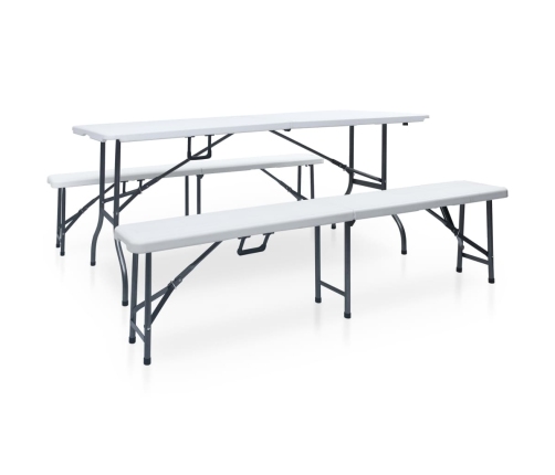 Mesa de jardín plegable con 2 bancos acero y HDPE blanco 180 cm