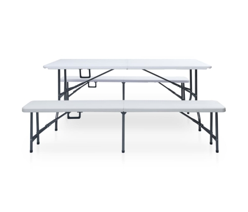 Mesa de jardín plegable con 2 bancos acero y HDPE blanco 180 cm
