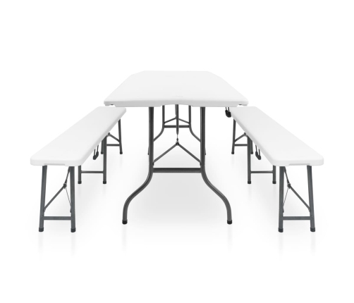 Mesa de jardín plegable con 2 bancos acero y HDPE blanco 180 cm