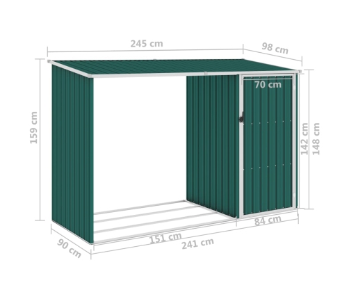 Cobertizo jardín de leña acero galvanizado verde 245x98x159 cm