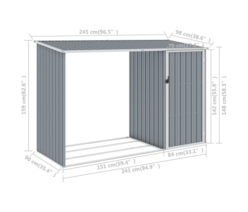 Cobertizo de jardín de leña gris acero galvanizado 245x98x159cm