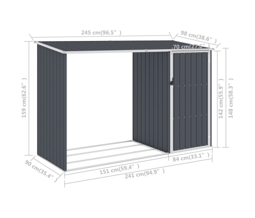 Cobertizo jardín leña antracita acero galvanizado 245x98x159cm