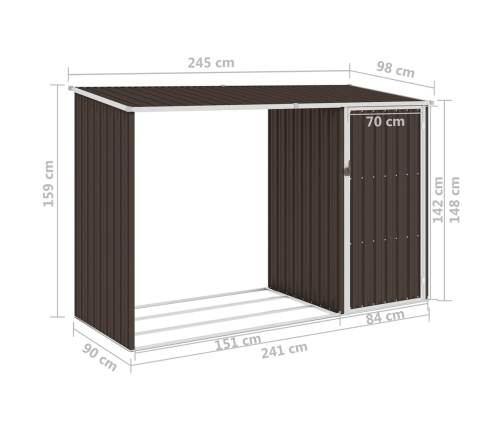 Cobertizo de jardín leña marrón acero galvanizado 245x98x159cm