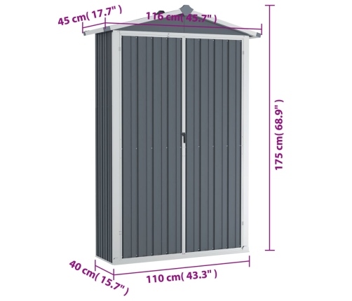 Cobertizo de jardín acero galvanizado gris 116x45x175 cm