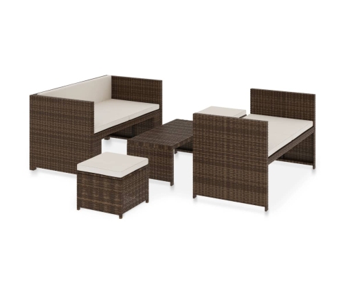 Set muebles de jardín 5 piezas y cojines ratán sintético marrón