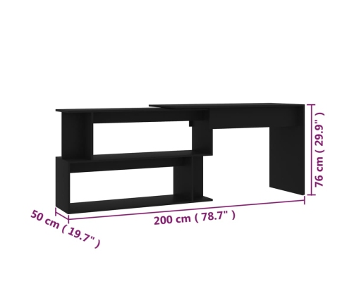 Escritorio de esquina madera contrachapada negro 200x50x76 cm