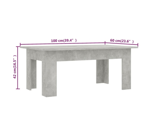 vidaXL Mesa de centro madera contrachapada gris hormigón 100x60x42 cm