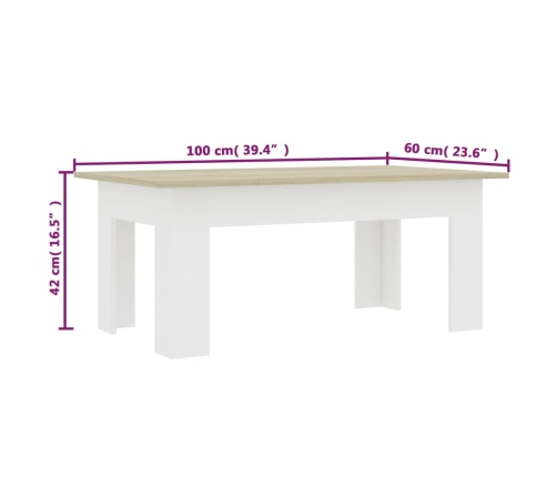 Mesa de centro madera contrachapada blanco y roble 100x60x42 cm